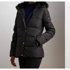 NEW RALPH LAUREN faux fur hooded puffer coat in black